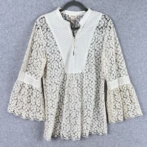 Sundance Floral Lace Blouse Size L Cream White Bell Sleeve Hippie See Through